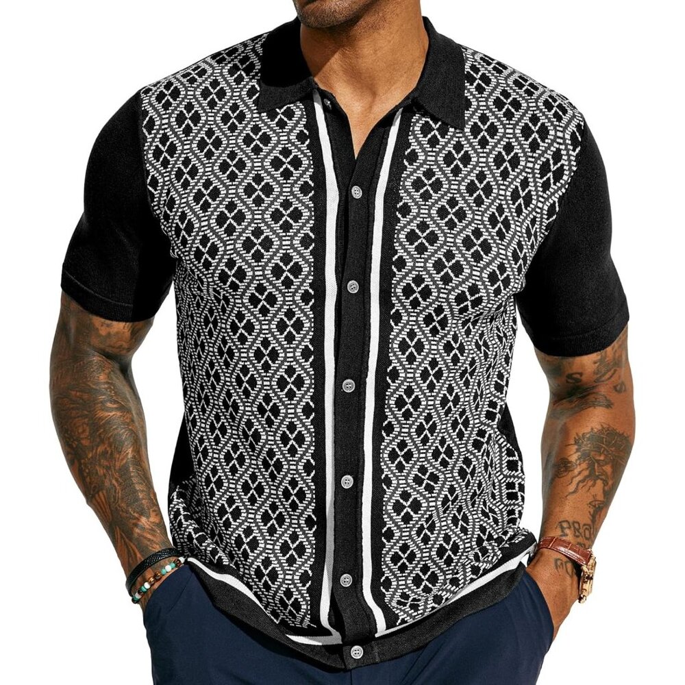 Men's Black Viscose 70s Vintage Short Sleeve Contrast Knitted Polo Shirts
